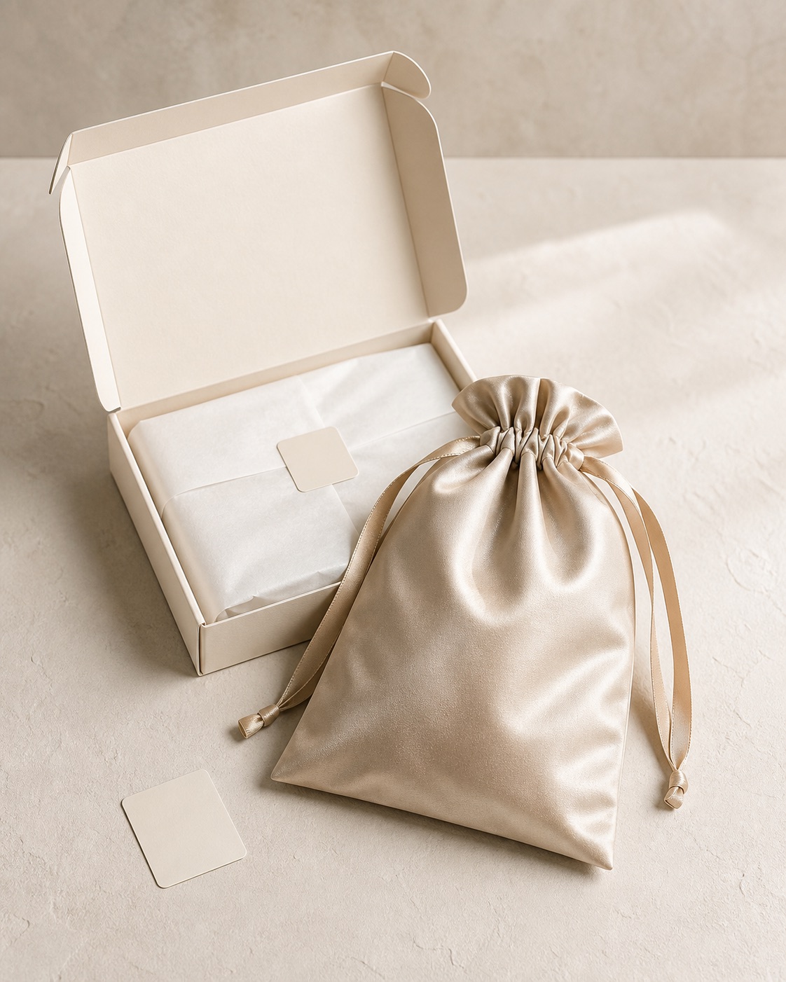 Blank satin pouch and folding carton concept for wig and topper packaging
